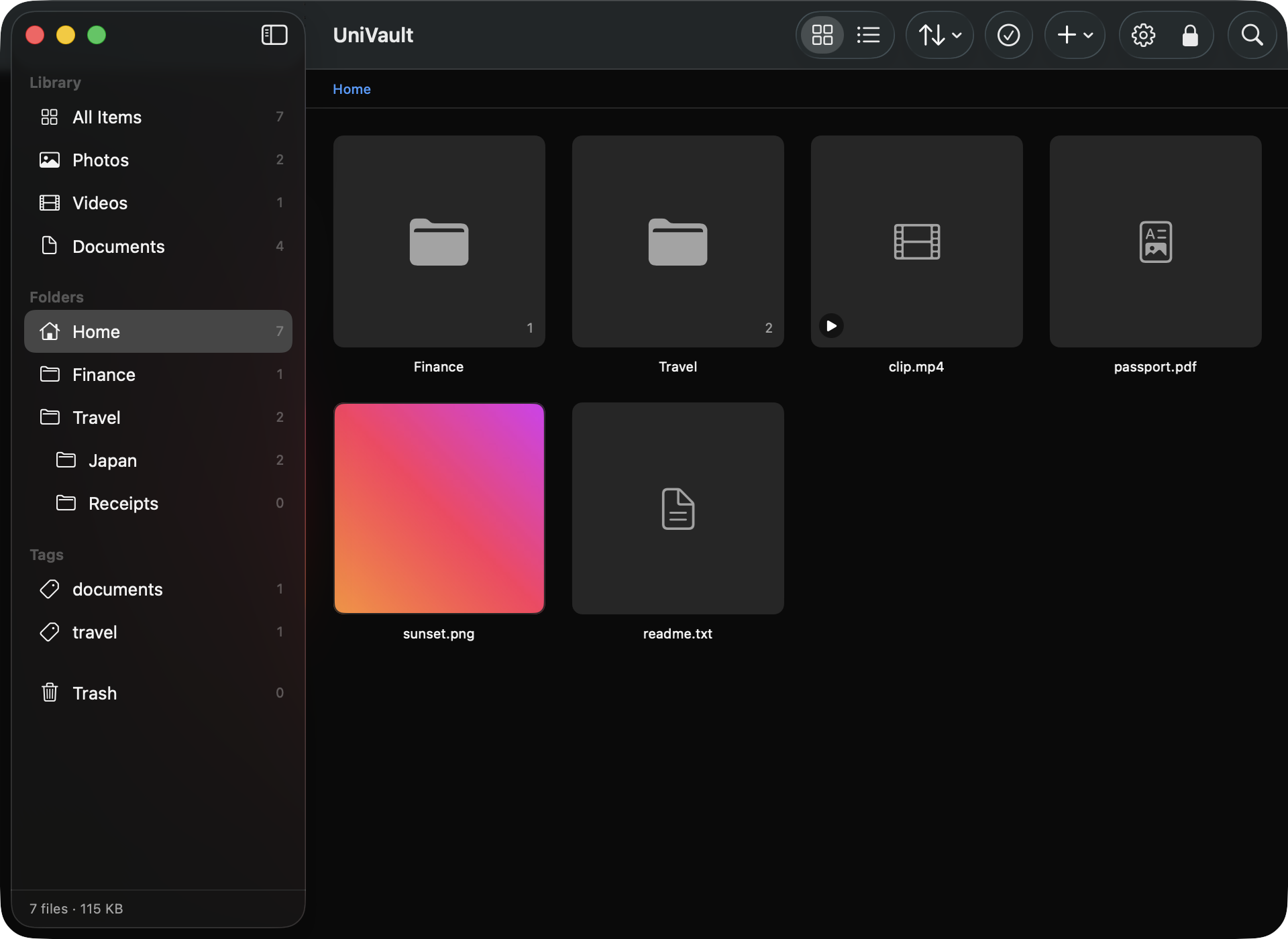The UniVault library on macOS: a sidebar with item counts, a folder tree including nested folders, and a grid showing folders, a video, a PDF, an image thumbnail and a text file. The footer reads 7 files, 115 KB.