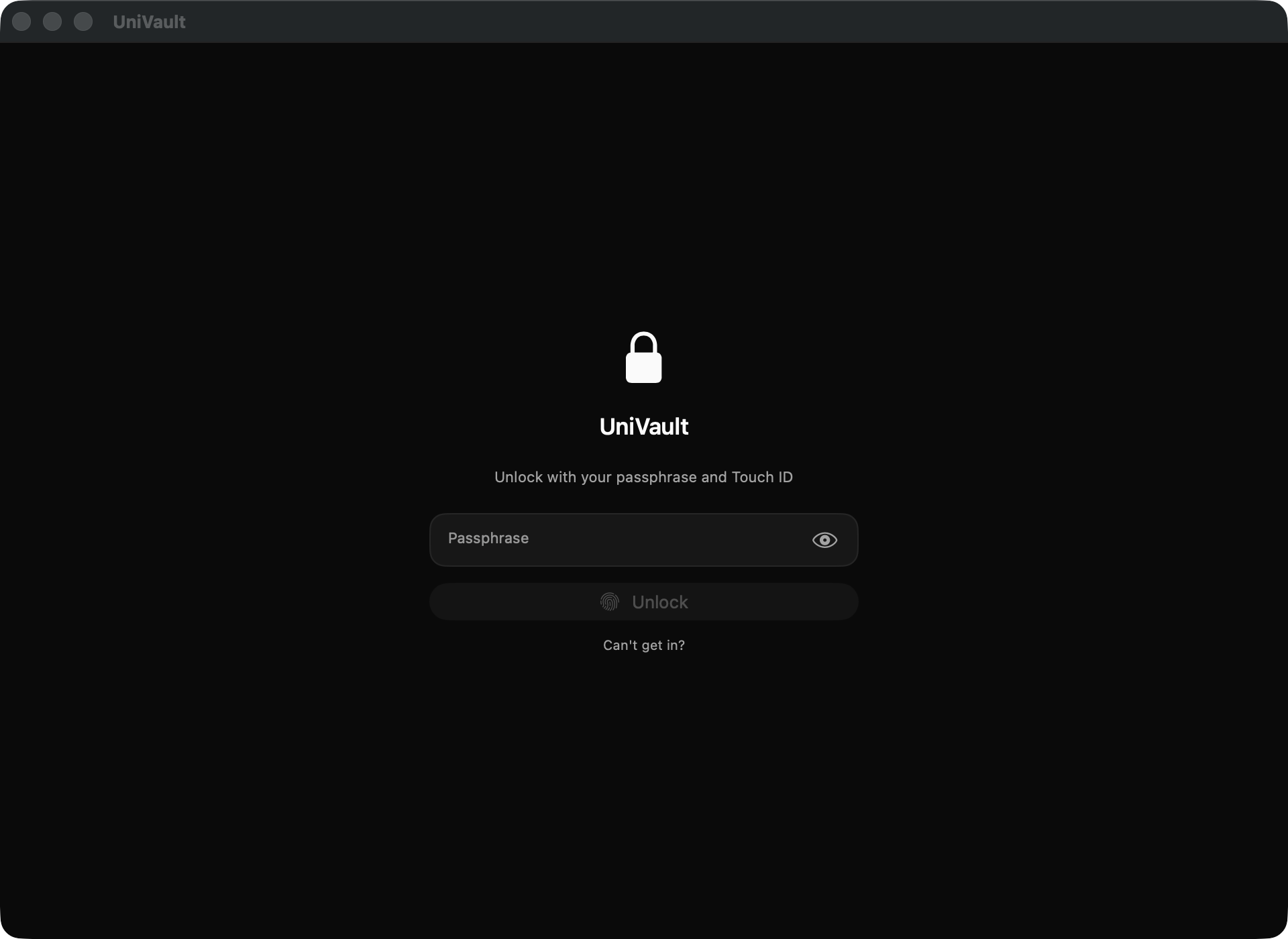 The same unlock screen in the App Store edition of UniVault, identical in every element; only the window title differs, reading UniVault.