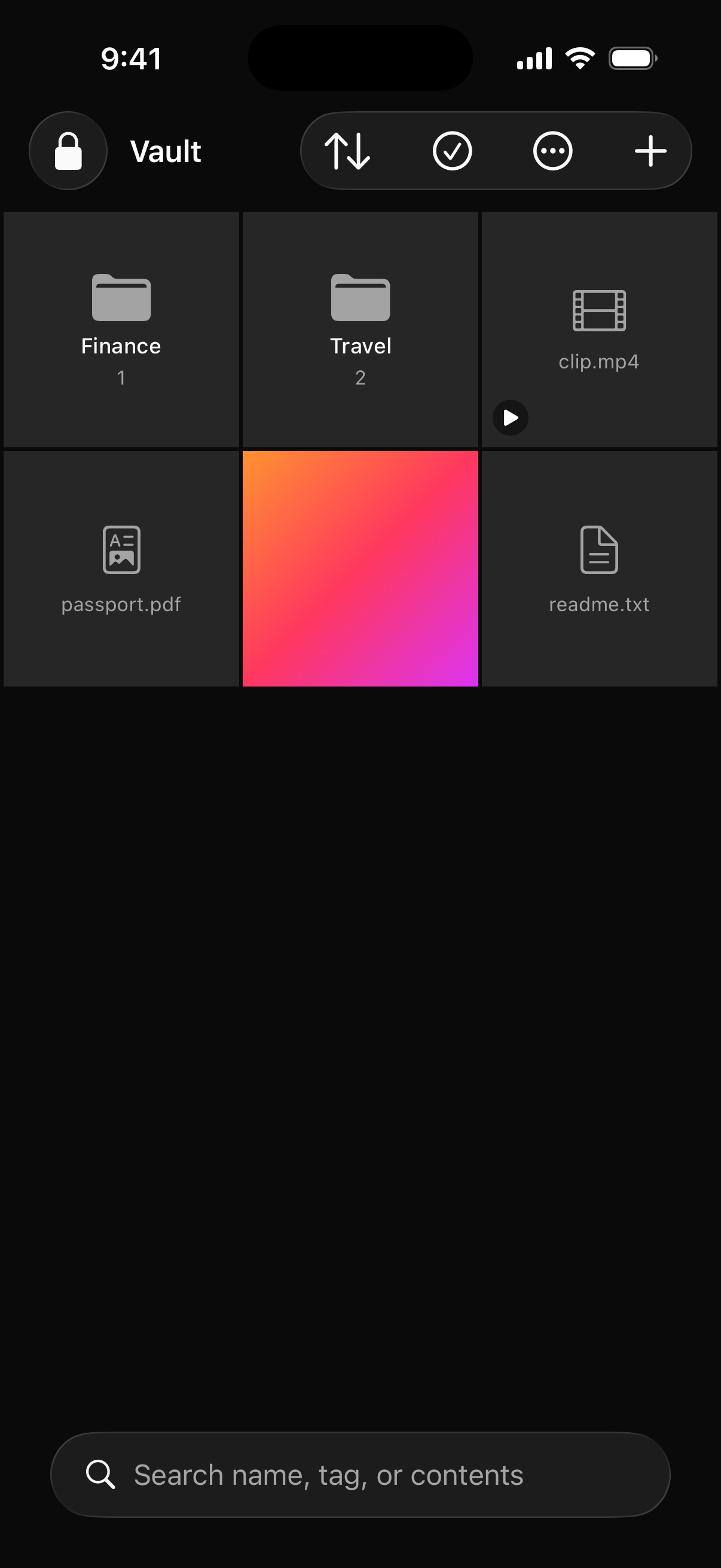The UniVault library on iPhone: folders named Finance and Travel with item counts, a video with a play badge, a PDF, an image thumbnail and a text file, above a search field reading Search name, tag, or contents.